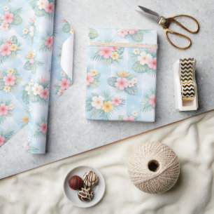 Tropical Floral Pattern on Light Blue Wrapping Paper
