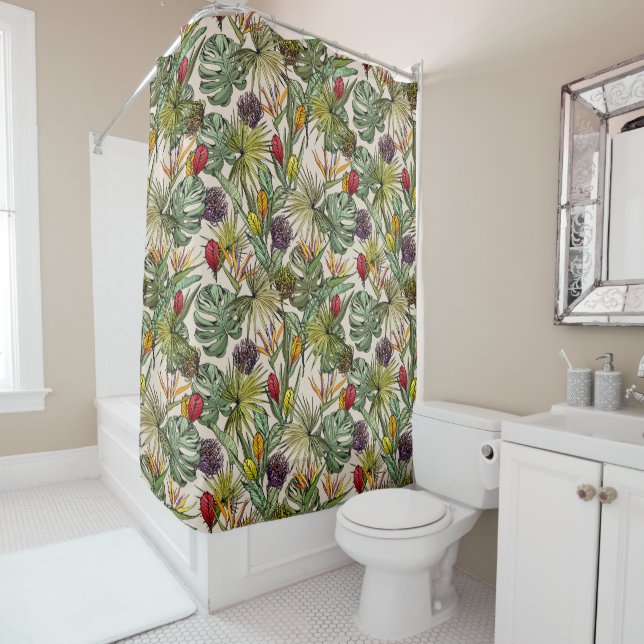 Tropical Floral Pattern Shower Curtain (In Situ)