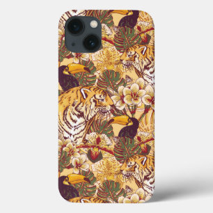 Tropical Floral Pattern With Tiger iPhone 13 Case