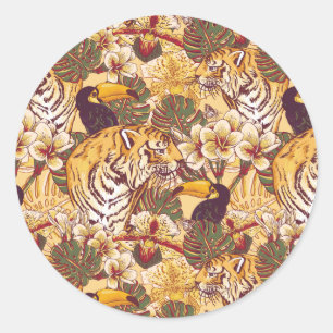 Tropical Floral Pattern With Tiger Classic Round Sticker