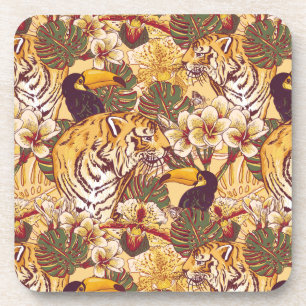 Tropical Floral Pattern With Tiger Coaster