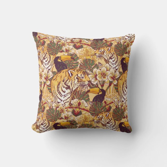 Tropical Floral Pattern With Tiger Cushion (Front)