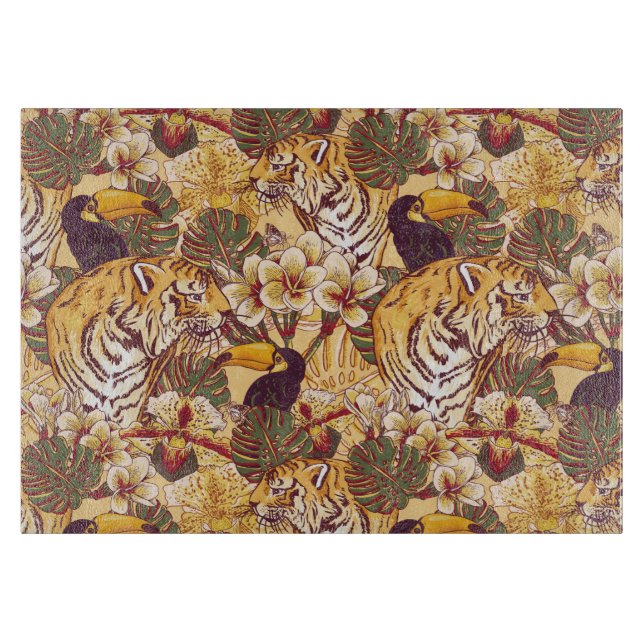 Tropical Floral Pattern With Tiger Cutting Board (Front)