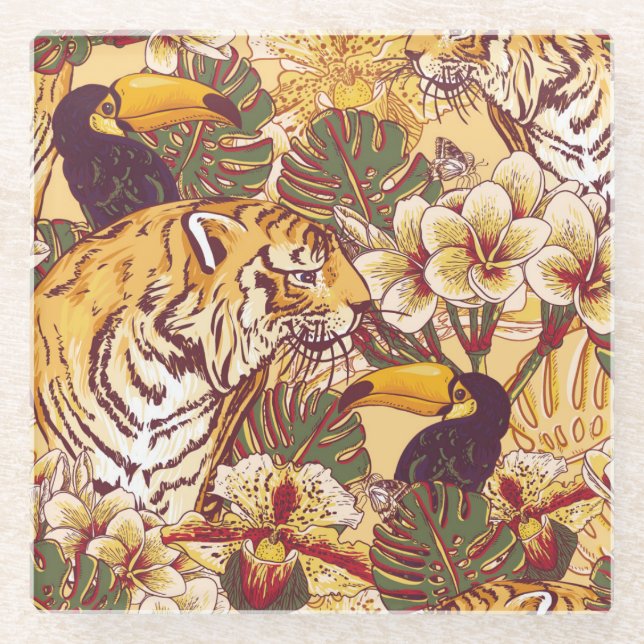 Tropical Floral Pattern With Tiger Glass Coaster (Front)