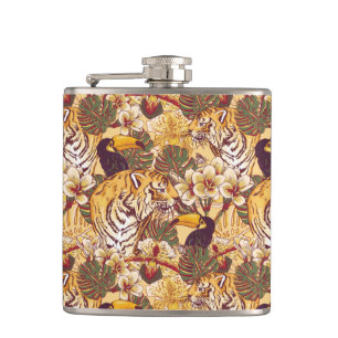 Tropical Floral Pattern With Tiger Hip Flask