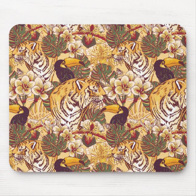 Tropical Floral Pattern With Tiger Mouse Mat (Front)