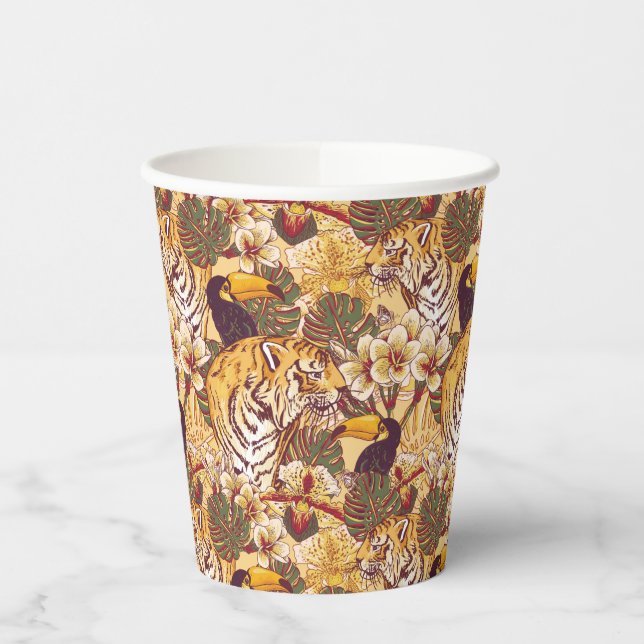 Tropical Floral Pattern With Tiger Paper Cups (Left)