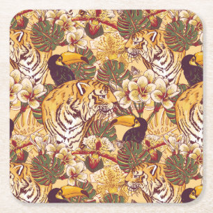 Tropical Floral Pattern With Tiger Square Paper Coaster