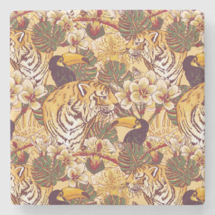 Tropical Floral Pattern With Tiger Stone Coaster