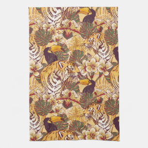 Tropical Floral Pattern With Tiger Tea Towel