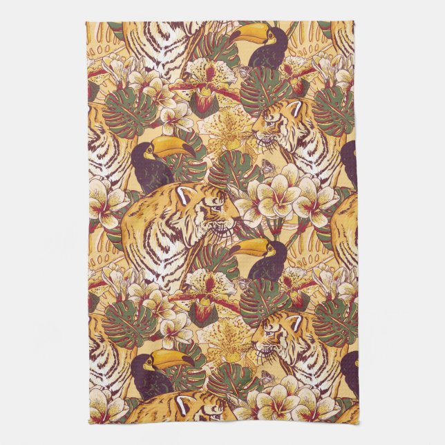 Tropical Floral Pattern With Tiger Tea Towel (Vertical)