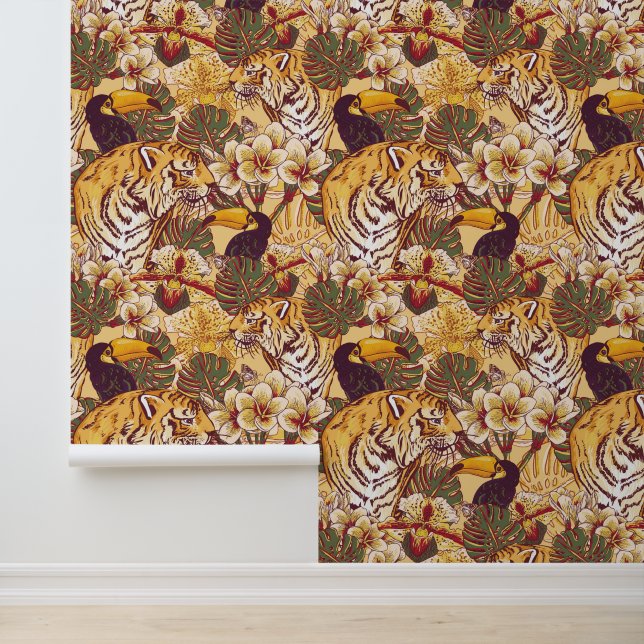 Tropical Floral Pattern With Tiger Wallpaper (Application)