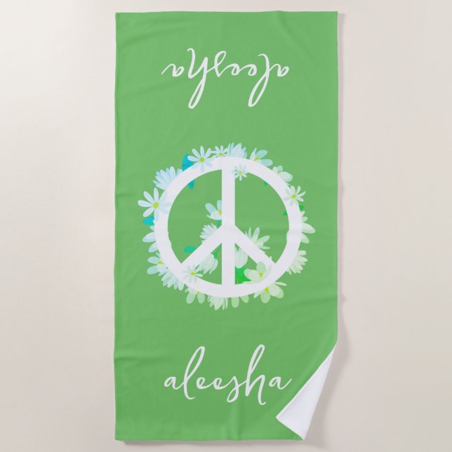 Tropical Floral Peace Sign Personalised Lush Green Beach Towel (Front)