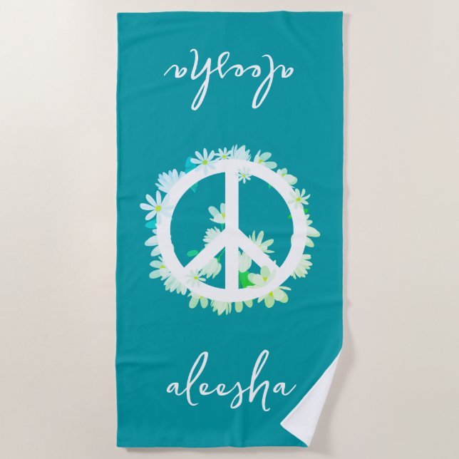 Tropical Floral Peace Sign Personalised Ocean Blue Beach Towel (Front)