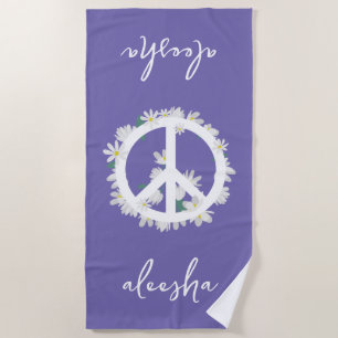 Tropical Floral Peace Sign Personalised Purple Beach Towel