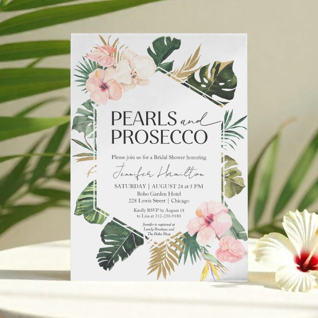  Tropical Floral Pearls and Prosecco Bridal Shower Invitation (Creator Uploaded)