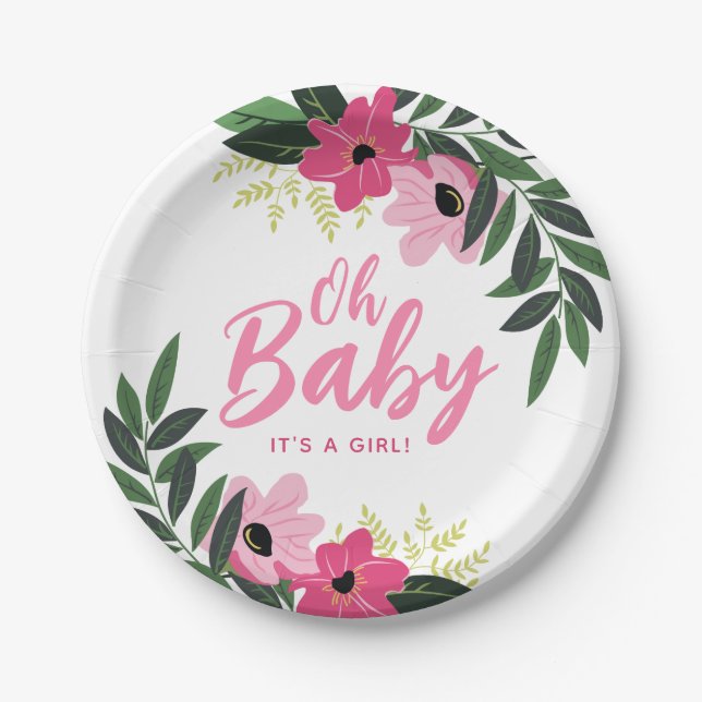 Tropical Floral Personalised Baby Shower Paper Plate (Front)
