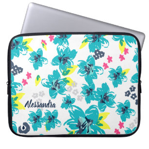 Tropical Floral Personalised Teal & Pink Laptop Sleeve