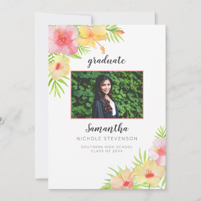 Tropical Floral Photo Graduation announcement (Front)