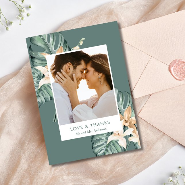 Tropical Floral Photo Wedding Thank You Card (Tropical Floral Photo Wedding Thank You Card)
