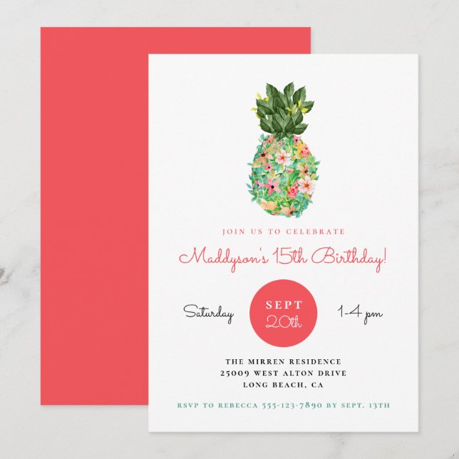 Tropical Floral Pineapple Birthday Invitation (Front/Back)