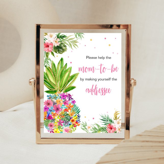 Tropical Floral Pineapple Envelope Station Poster (Aloha Pineapple Baby Shower Envelope Station Sign)