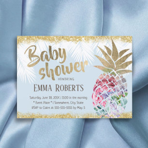 Tropical Floral Pineapple Gold Glitter Baby Shower Invitation