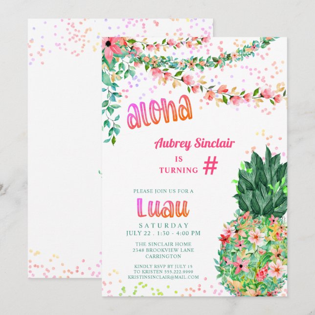 Tropical Floral Pineapple Luau ANY AGE Birthday Invitation (Front/Back)