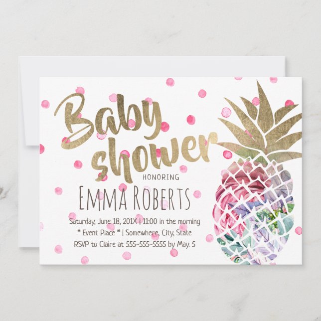 Tropical Floral Pineapple Polka Dots Baby Shower Invitation (Front)