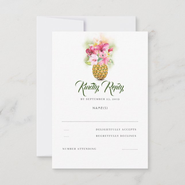Tropical Floral Pineapple Vase Beach Wedding RSVP Card (Front)