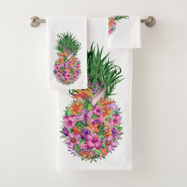 Tropical Floral Pineapple Watercolor Bath Towel Set (Insitu)