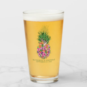 Tropical Floral Pineapple Watercolor Wedding Glass