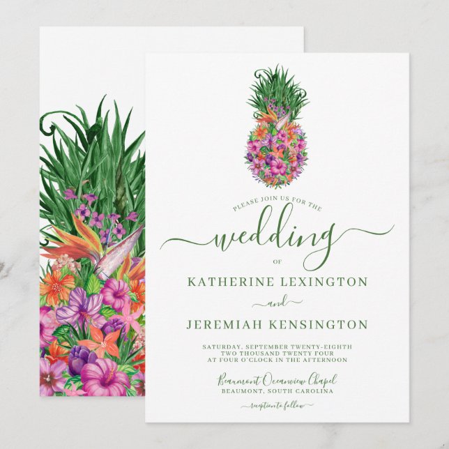 Tropical Floral Pineapple Watercolor Wedding Invitation (Front/Back)