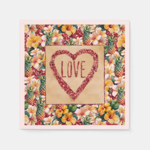 Tropical Floral Pineapples Red Glitter Love Heart Napkin