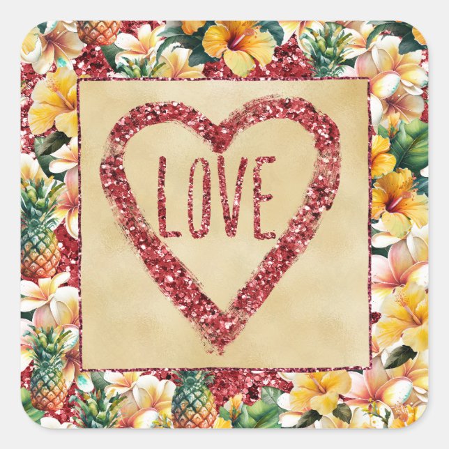 Tropical Floral Pineapples Red Glitter Love Heart Square Sticker (Front)