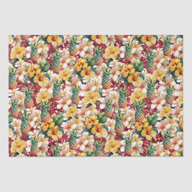 Tropical Floral Pineapples Red Glitter  Tissue Paper (Front)