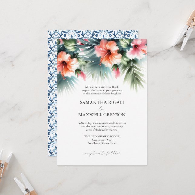 Tropical Floral Pink and Orange Formal Wedding Invitation (Front/Back In Situ)
