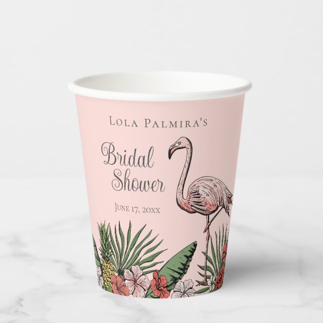 Tropical Floral Pink Flamingo Bridal Shower Paper Cups (Front)