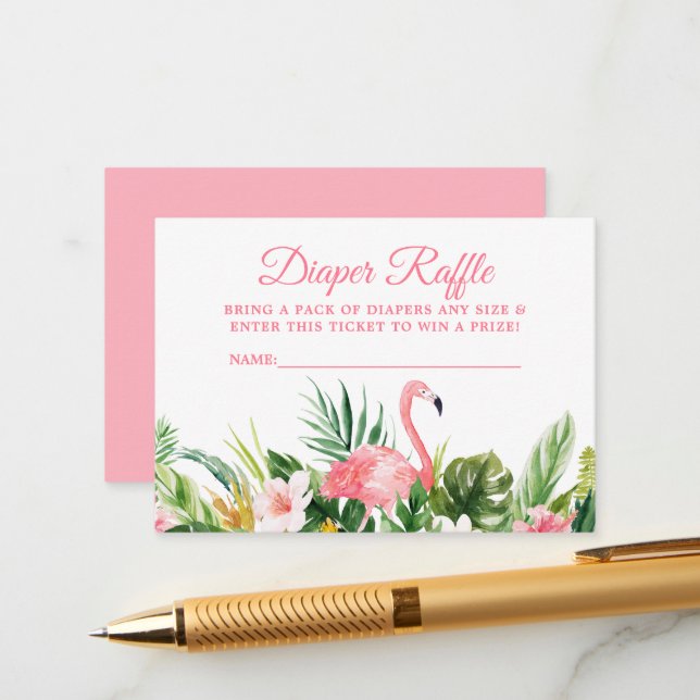 Tropical Floral Pink Flamingo Diaper Raffle Ticket Enclosure Card (Front/Back In Situ)