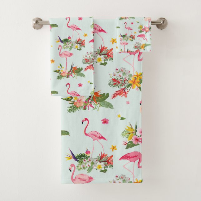 Tropical Floral Pink Flamingos  Bath Towel Set (Insitu)