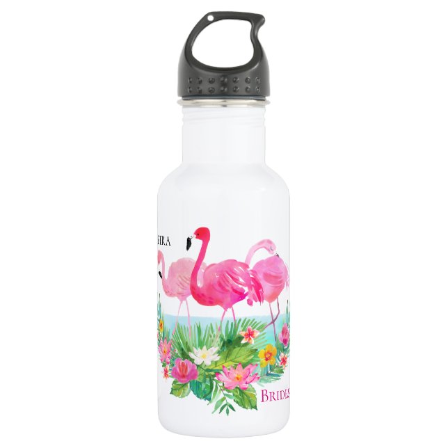 Tropical Floral Pink Flamingos Personalised 532 Ml Water Bottle (Front)