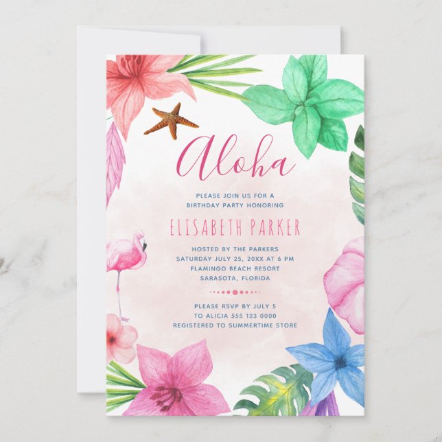 Tropical floral pink Hawaiian luau birthday party Invitation (Front)