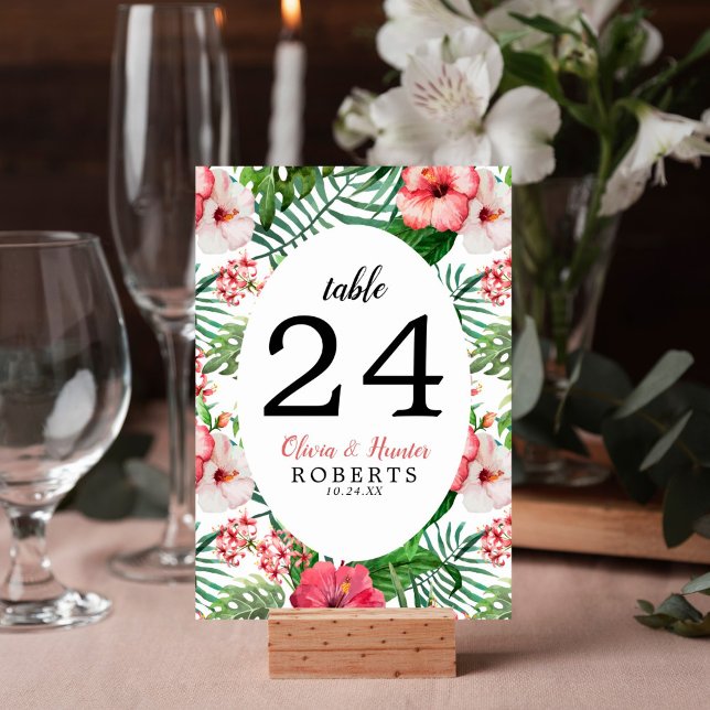 Tropical Floral Pink Hibiscus Green Palm Wedding Table Number (Tropical floral beach design on this table number card is perfect for your wedding reception decor.)