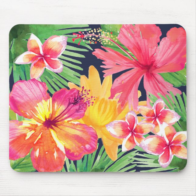 Tropical Floral Pink Hibiscus Plumeria Navy Blue Mouse Mat (Front)