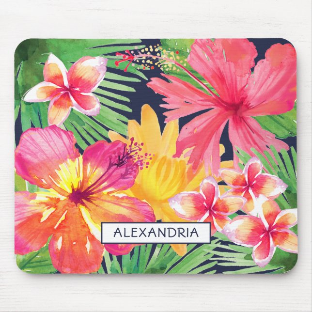 Tropical Floral Pink Hibiscus Plumeria Navy Custom Mouse Mat (Front)
