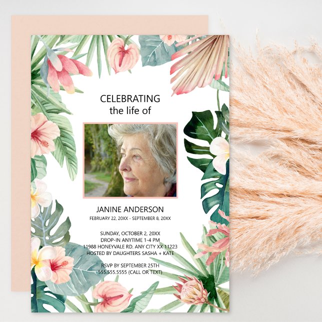 Tropical floral pink Life celebration photo Invitation (Creator Uploaded)