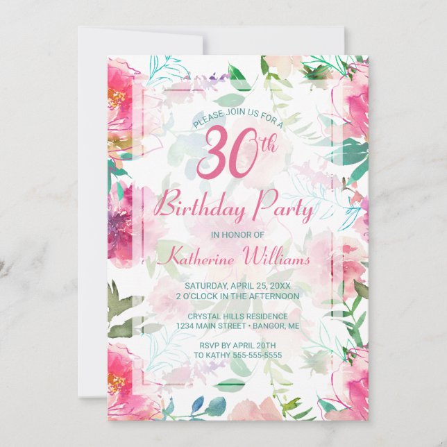 Tropical Floral Pink Peony 30th Birthday Party Invitation (Front)