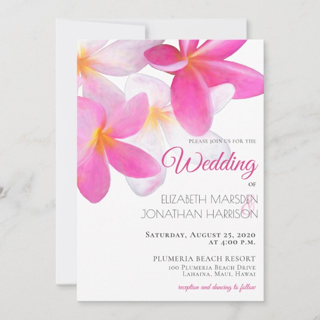 Tropical Floral Pink Plumeria Hawaii Beach Wedding Invitation (Front)