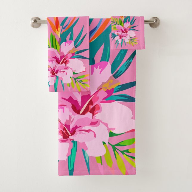 Tropical Floral Pink Teal Green Bath Towel Set (Insitu)
