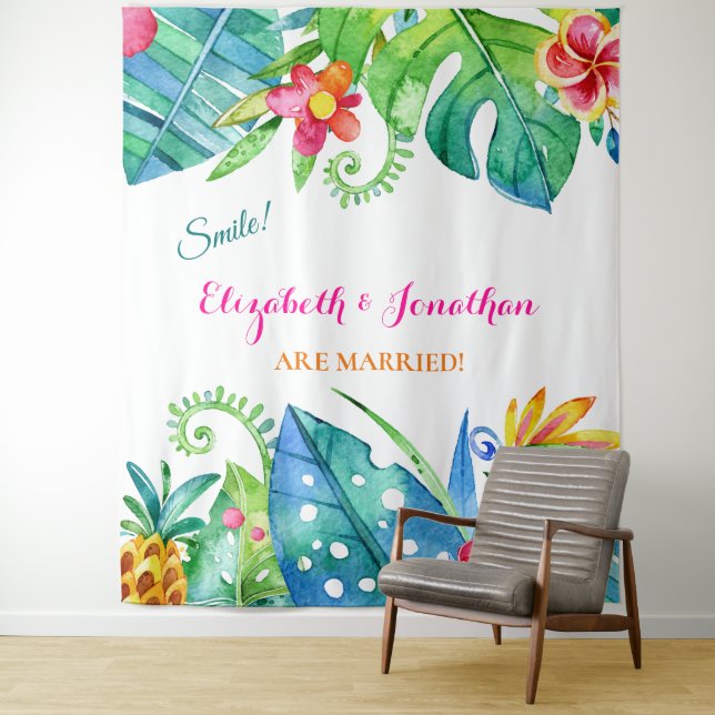 Tropical Floral Pink Teal Photo Booth Backdrop Tapestry (In Situ)